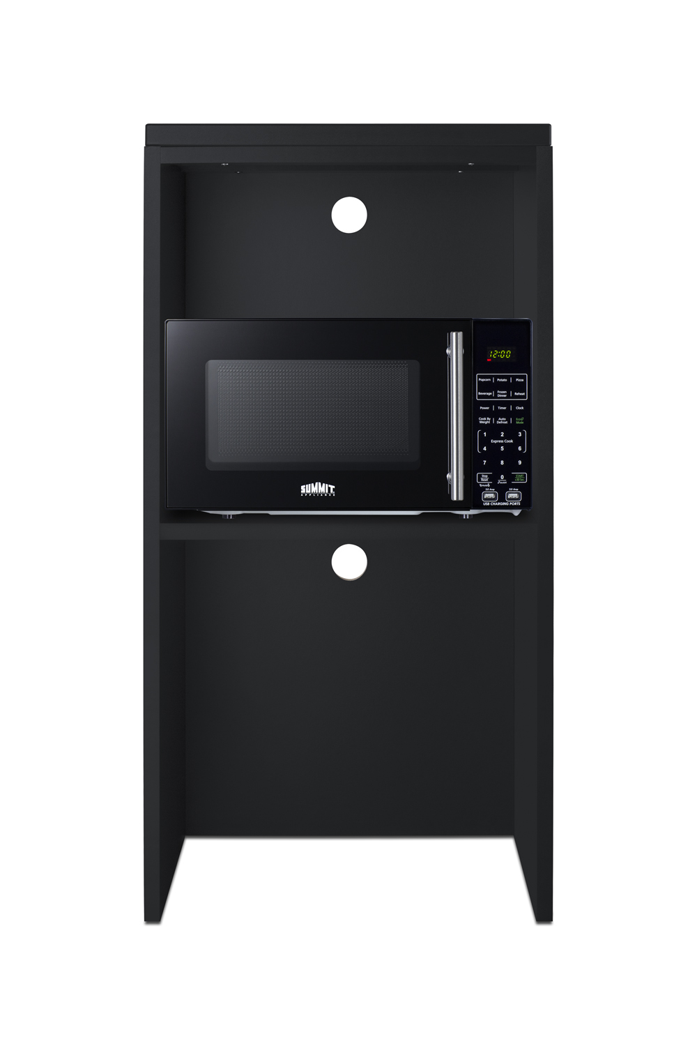 Fully assembled casework hutch in a black finish designed to accept compact microwaves